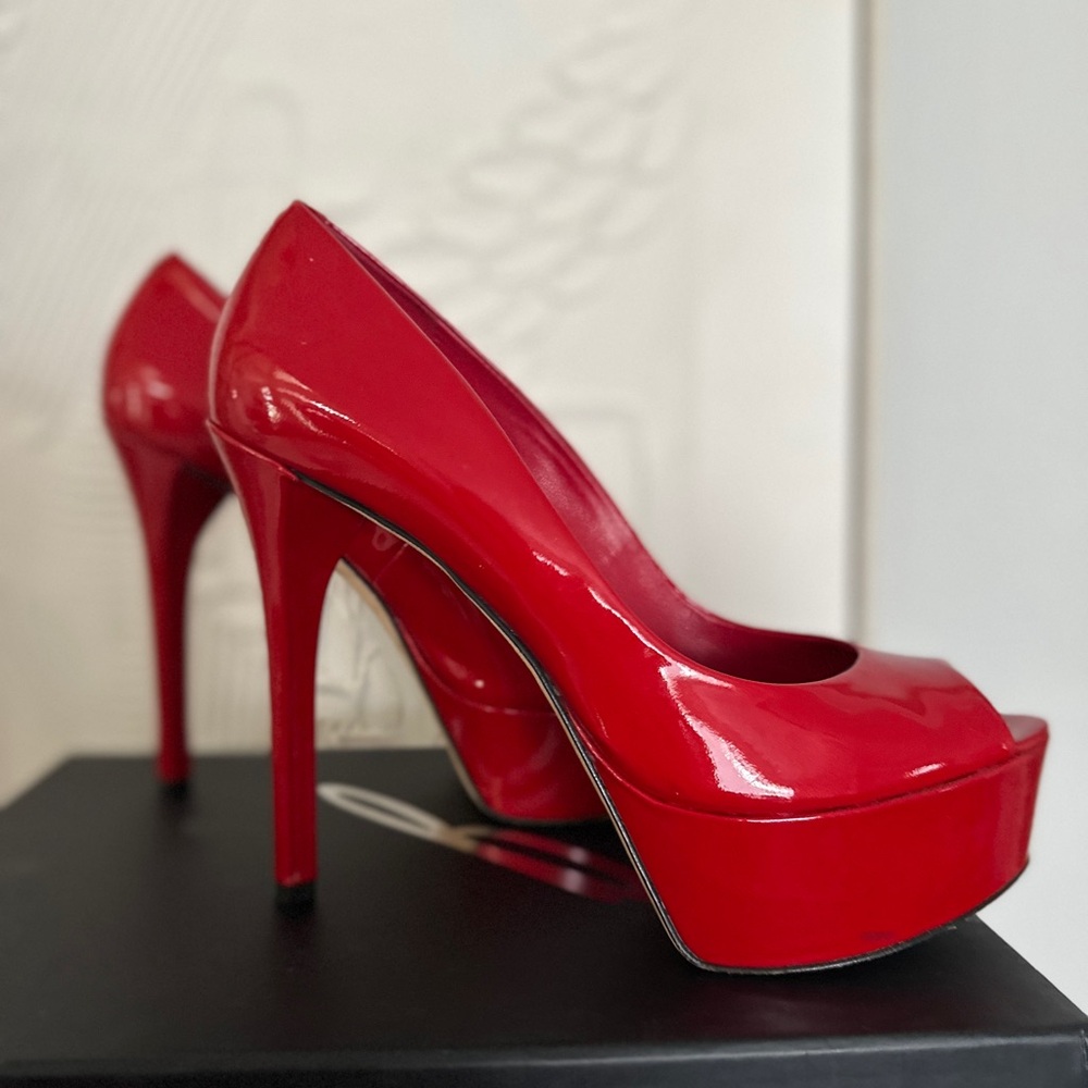 Brian Atwood Glossy Red Peep-Toe Heels